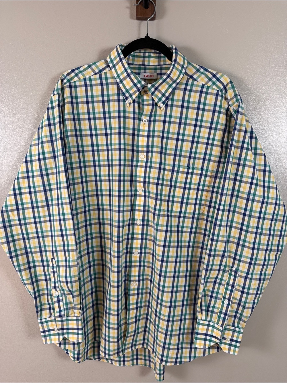 Izod Men’s Yellow and Blue Plaid Long Sleeve Button-Down Shirt